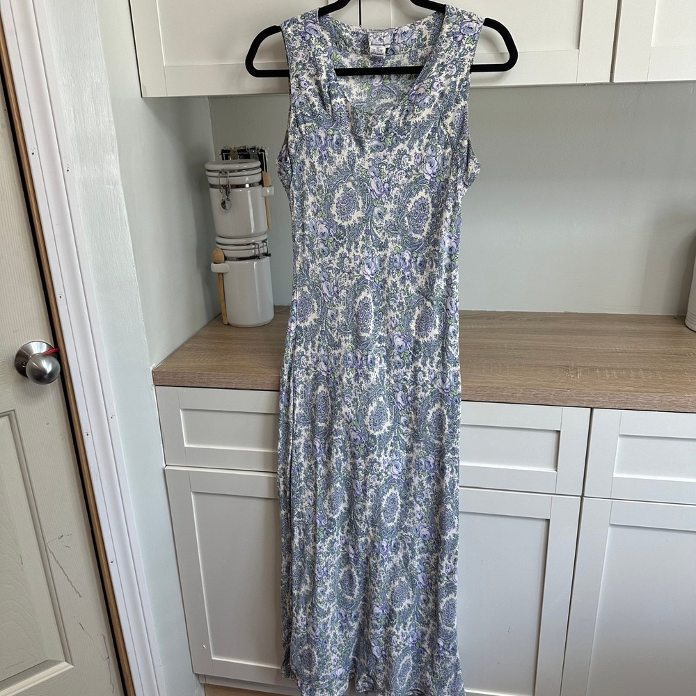 April Cornell Maxi Dress Women M Blue Floral Paisley Sleeveless Rayon Vintage